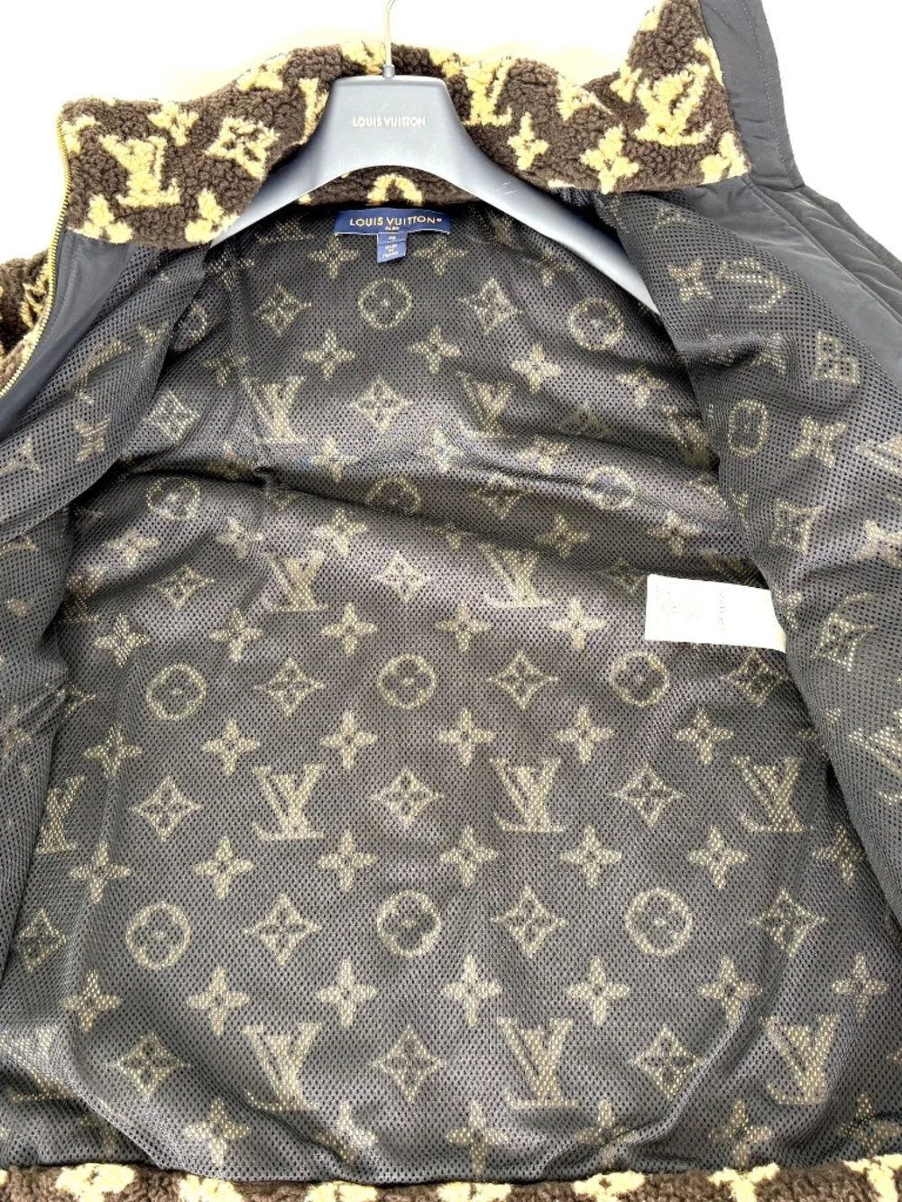 LOUIS VUITTON Monogram Fleece Hooded Brown Black Jacket Coat 36